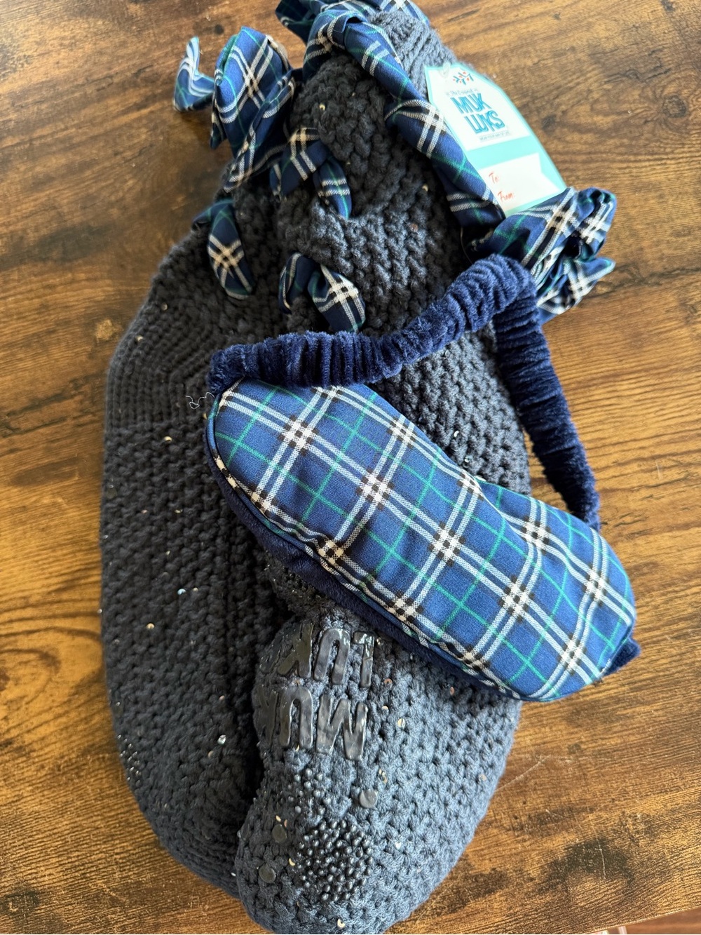 Blue Plaid Slipper Socks with Knit Grip Sole. Matching eye sleep mask